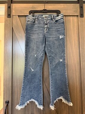 Frayed Hem Mid Blue Flare Jeans for Women